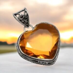 Genuine Honey Citrine Faceted Heart Pendant Filigree Setting 925 1.75 inches